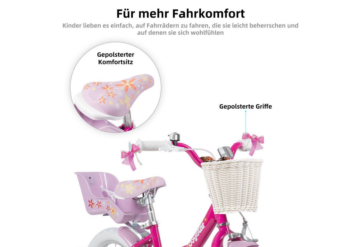JOYSTAR Kinderfahrrad 12 14 16 18 Zoll Mädchenfahrrad, 2-9 Jahre, Geschenk für Prinzessin, 1 Gang, Puppenradsitz & Stützrädern& Korbstreamer, 18 Zoll mit Stützrädern Bild 5