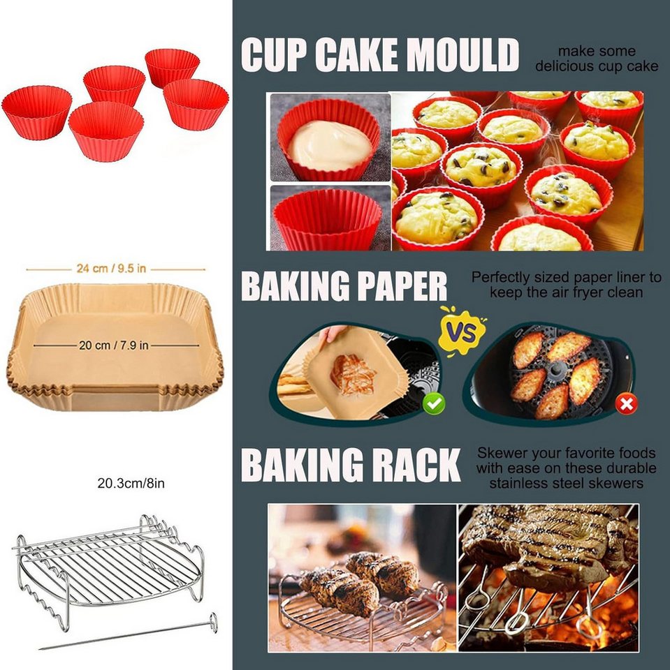MOPUEA Küchenmaschinen Zubehör-Set Heißluftfritteuse Zubehör 11-teiliges Set, Brötchen-Röstaufsatz, Hochwertige und sichere Materialien – Gesundes Kochen