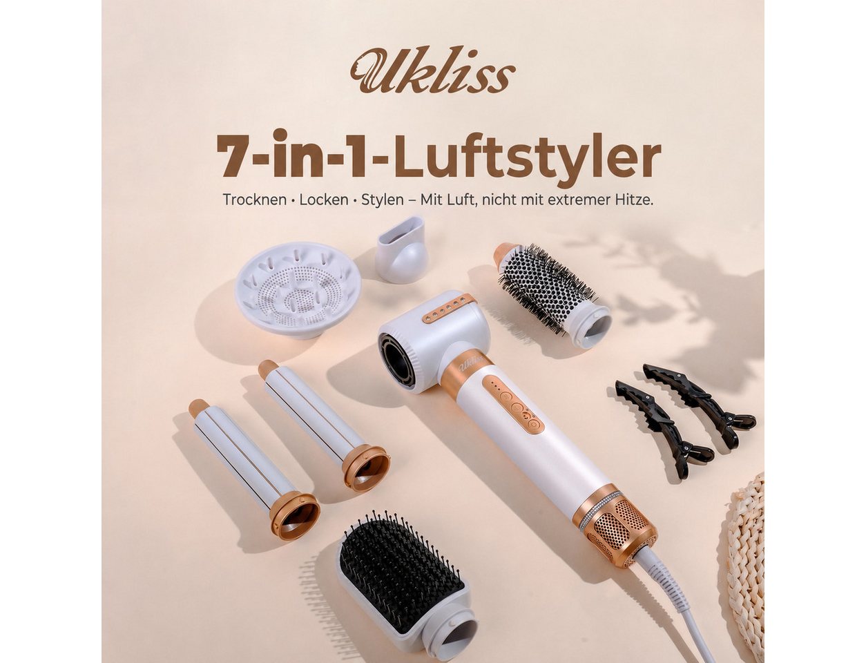 UKLISS Multihaarstyler 7-in-1 Luftstyler Set, 1400 W Hochgeschwindigkeits-Haartrockner, 110 000 U/min, Coanda-Effekt, Ionenpflege, 7 Stylingaufsätze Bild 3