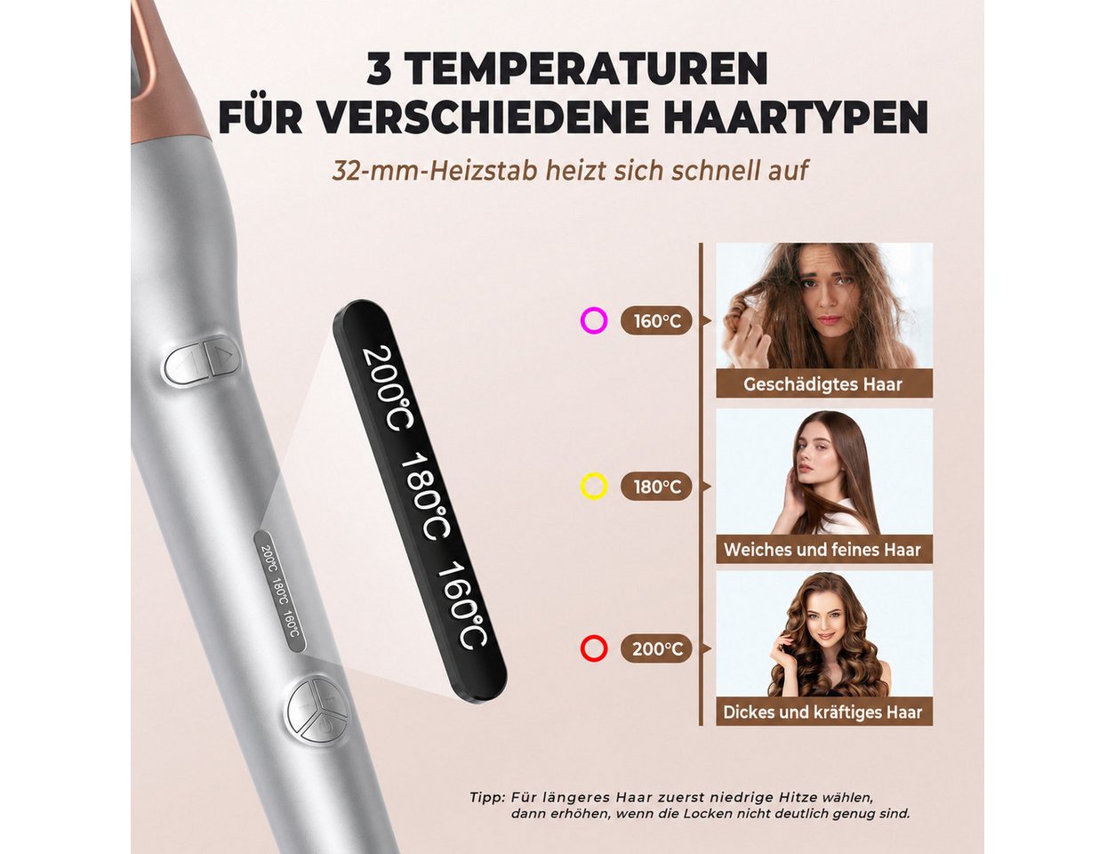 UKLISS Lockenstab Pro Automatischer Lockenstab 32 mm, Automatischer Haarwickler, mit 3 Temperaturstufen für langanhaltende Locken & Beach Waves Bild 2