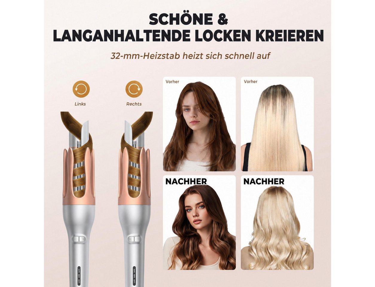 UKLISS Lockenstab Pro Automatischer Lockenstab 32 mm, Automatischer Haarwickler, mit 3 Temperaturstufen für langanhaltende Locken & Beach Waves Bild 4