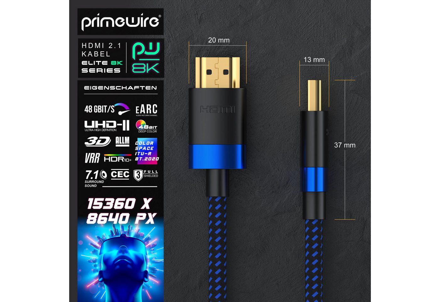 Primewire 16k HDMI Kabel 2.1+, 16k@30Hz 8k@60Hz 4k@120Hz, UHD II, HDMI-Kabel, 2.1, HDMI Typ A (300 cm), Ultra High Speed Ethernet 48Gbps, HDR 10+ eARC 3D VRR, 3m Bild 3
