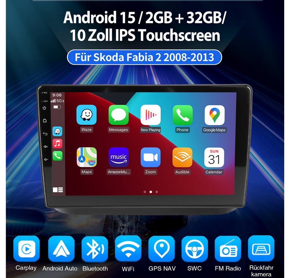 ESSGOO Für Skoda Fabia II 2008-2013 Carplay Android 15 Bluetooth Autoradio (RDS, 4+64GB optional, FM, AM, 2 DIN Carplay Android Auto Bluetooth WIFI SWC Navigationsgeräte) Bild 3