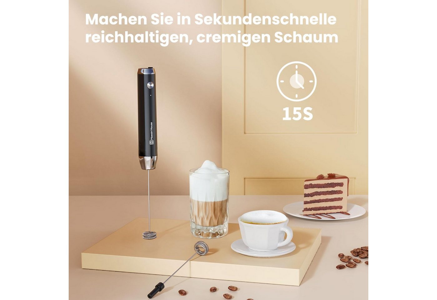 Maestri House Milchaufschäumer Tragbarer Elektrischer Schaummacher aus Edelstahl, Wasserdicht Abnehmbarer Schneebesen