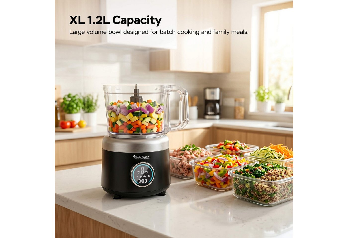 TurboTronic by Z-Line Küchenmaschine Food Processor mit Standmixer 1,2L Behälter Multizerkleinerer Mixer, 1900 W, 1.2 l Schüssel, Raspelscheiben Zitruspresse Zerkleinerer Eiscrusher Power