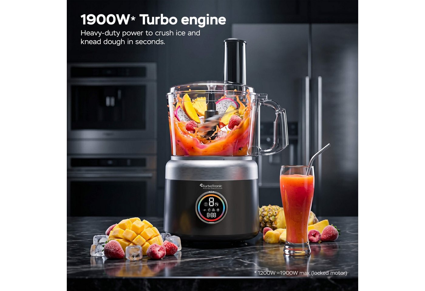TurboTronic by Z-Line Küchenmaschine Food Processor mit Standmixer 1,2L Behälter Multizerkleinerer Mixer, 1900 W, 1.2 l Schüssel, Raspelscheiben Zitruspresse Zerkleinerer Eiscrusher Power Bild 3