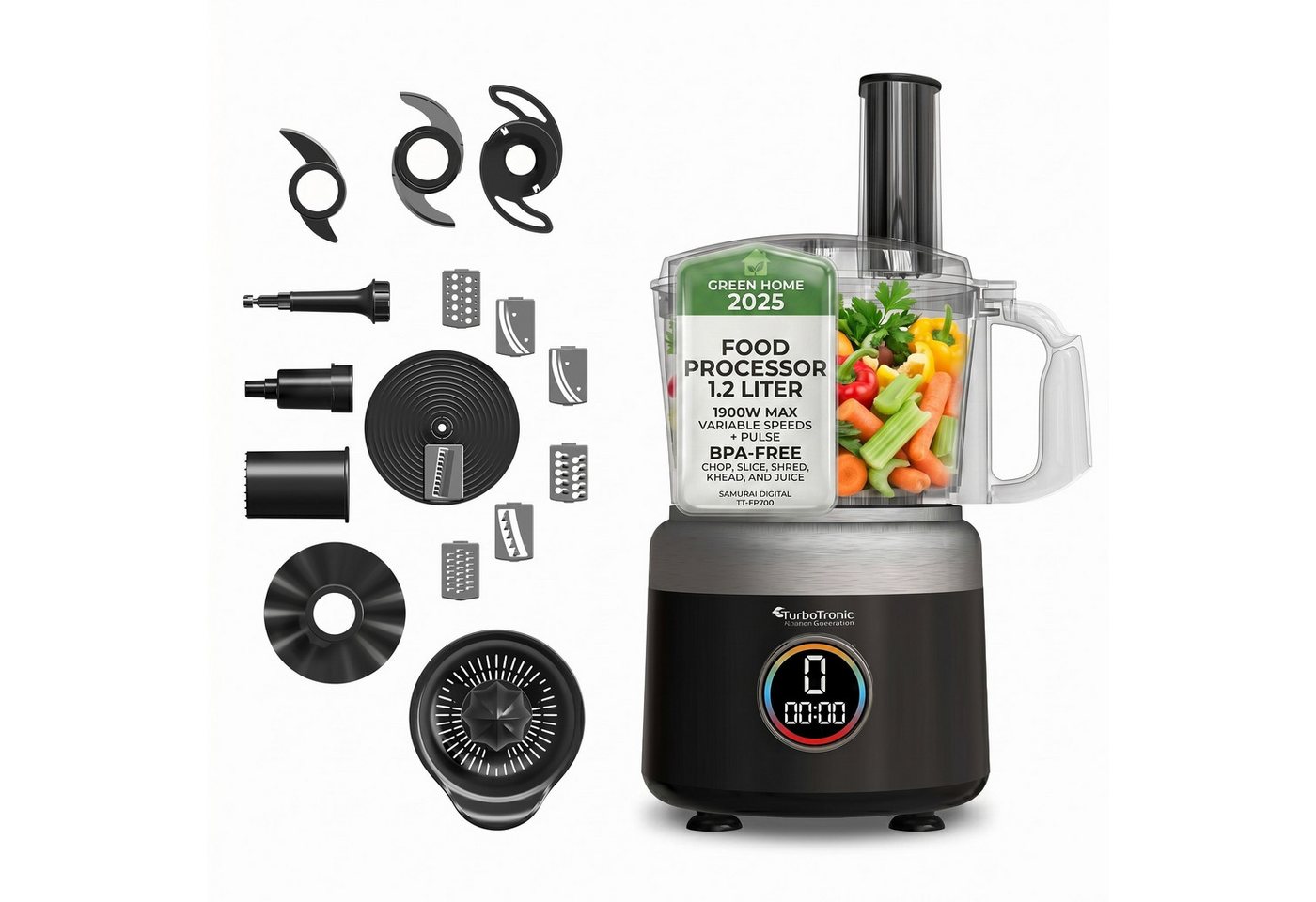 TurboTronic by Z-Line Küchenmaschine Food Processor mit Standmixer 1,2L Behälter Multizerkleinerer Mixer, 1900 W, 1.2 l Schüssel, Raspelscheiben Zitruspresse Zerkleinerer Eiscrusher Power Bild 4