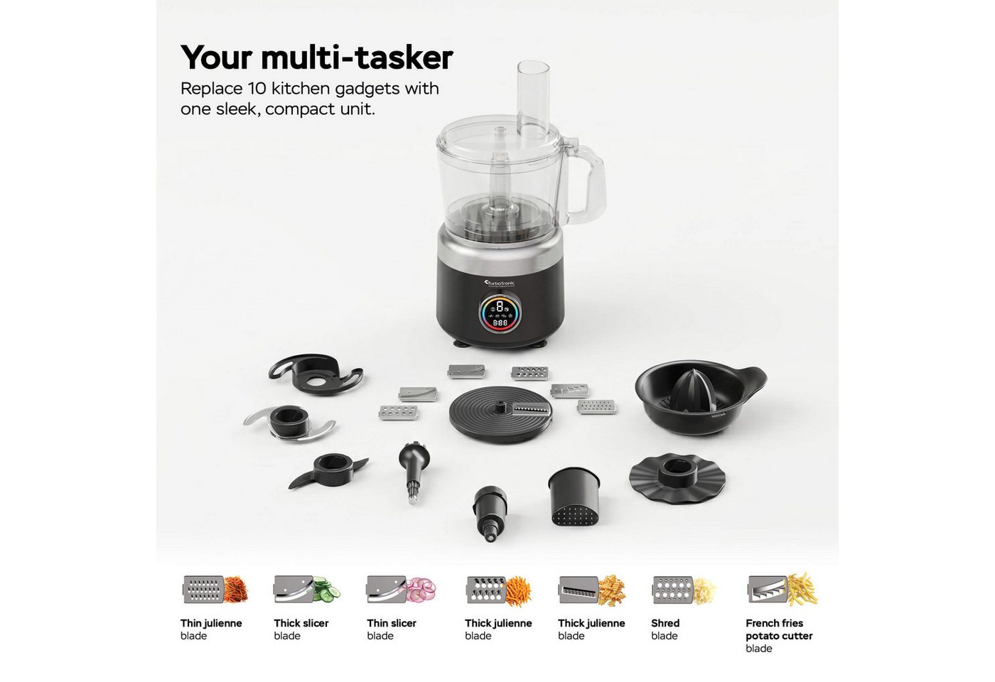 TurboTronic by Z-Line Küchenmaschine Food Processor mit Standmixer 1,2L Behälter Multizerkleinerer Mixer, 1900 W, 1.2 l Schüssel, Raspelscheiben Zitruspresse Zerkleinerer Eiscrusher Power Bild 5