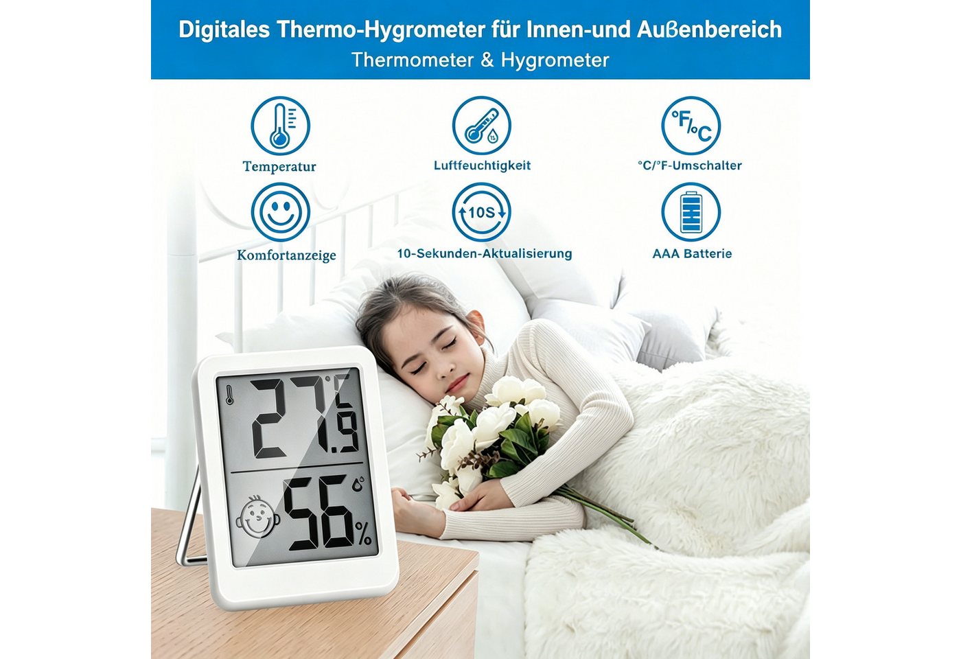 nsihing Digitales Hygrometer mit Thermometer, Innen, Lächelnd, Magnetisch Innenwetterstation (Hohe Präzision, Büro/Zu Hause/Babyzimmer, °C/°F Umschaltbar) Bild 4
