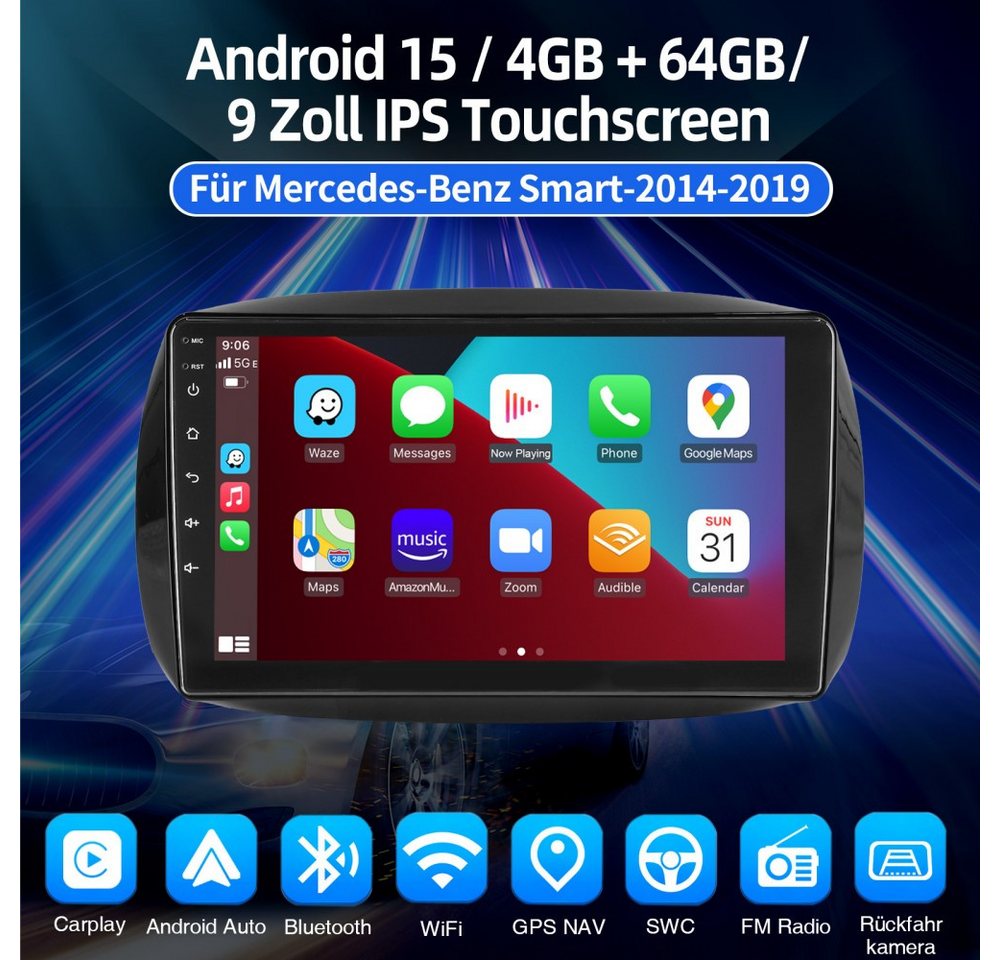 ESSGOO Für Mercedes Benz Smart Forfour Fortwo 453 Android 15 Autoradio Autoradio (RDS, Digitalradio (DAB), FM, 2 DIN Carplay Bluetooth Navigationsgeräte Rückfahrkamera(optional) Bild 4