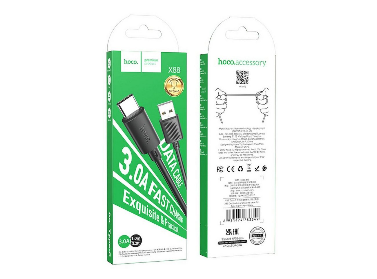 hoco. X88 USB-Kabel, USB-A Stecker, USB-C Buchse, Langlebiges 3A Schnellladekabel mit PVC-Beschichtung Bild 4