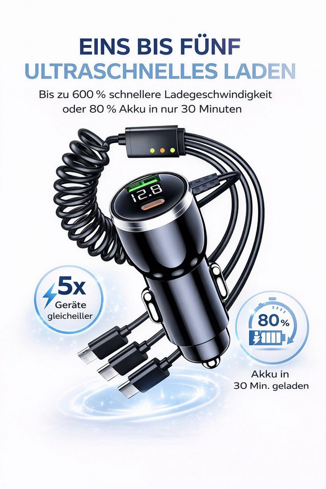 SpionProfi 5 in 1 Usb Ladegerät Auto Usb-C Schnellladung 230W Zigarettenanzünder Universal-Ladegerät (1-tlg., Universall Schnellladegerät für iPhone Samsung Huawei uvm)
