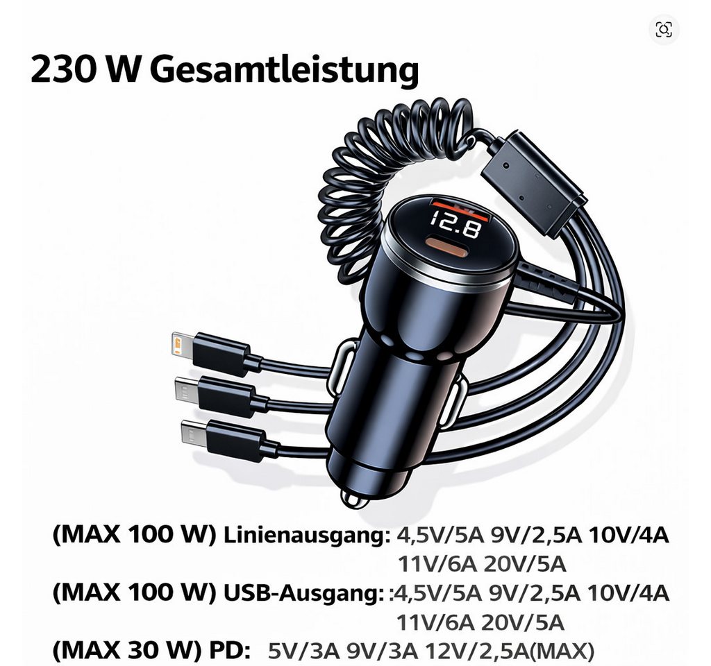 SpionProfi 5 in 1 Usb Ladegerät Auto Usb-C Schnellladung 230W Zigarettenanzünder Universal-Ladegerät (1-tlg., Universall Schnellladegerät für iPhone Samsung Huawei uvm) Bild 3