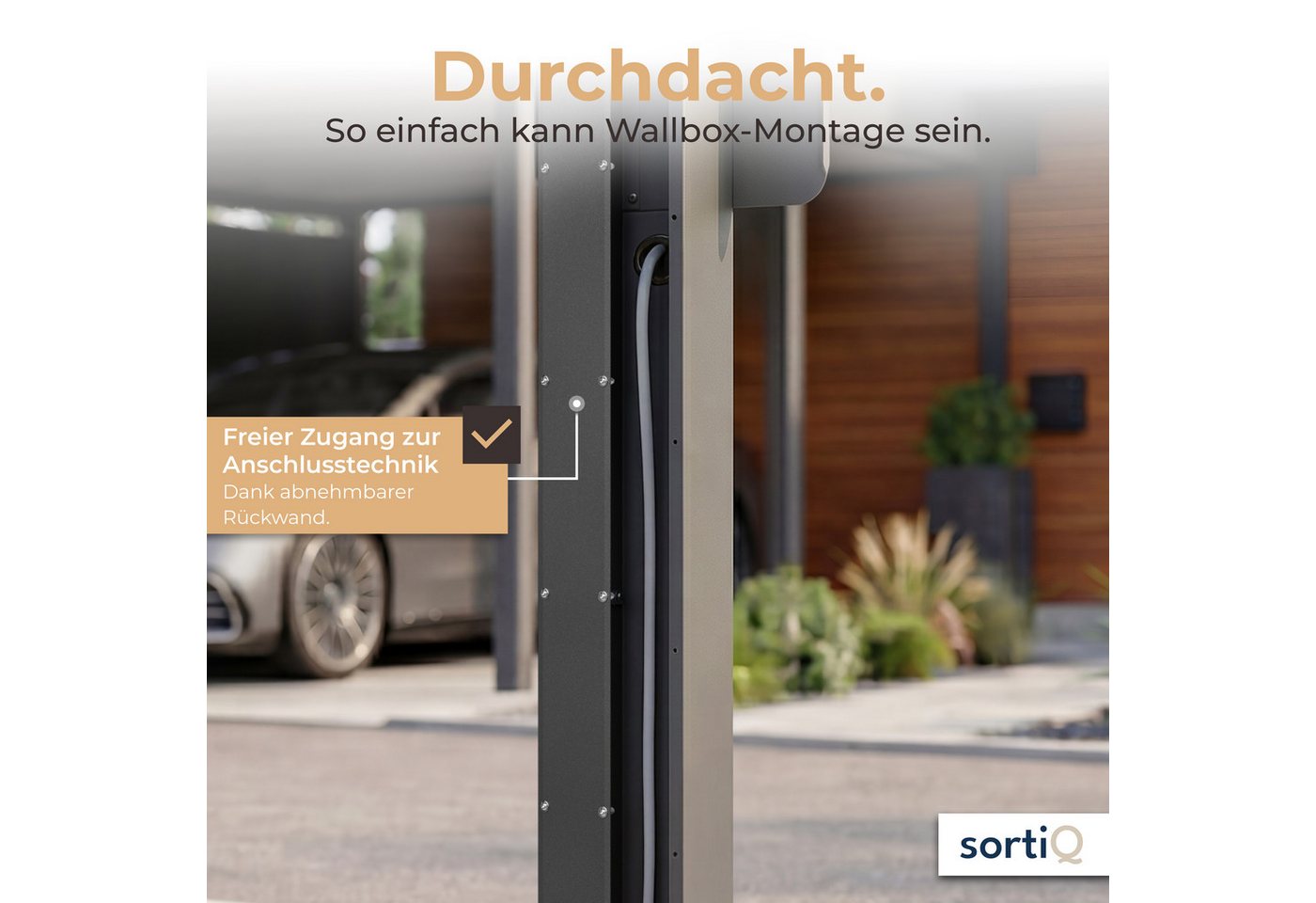sortiQ Elektroauto-Ladestation-Halterung Wallbox-Stele, Außenbereich Wallbox-Standfuß, (Freistehende Wallboxhalterung mit Überdachung, Wetterschutz)