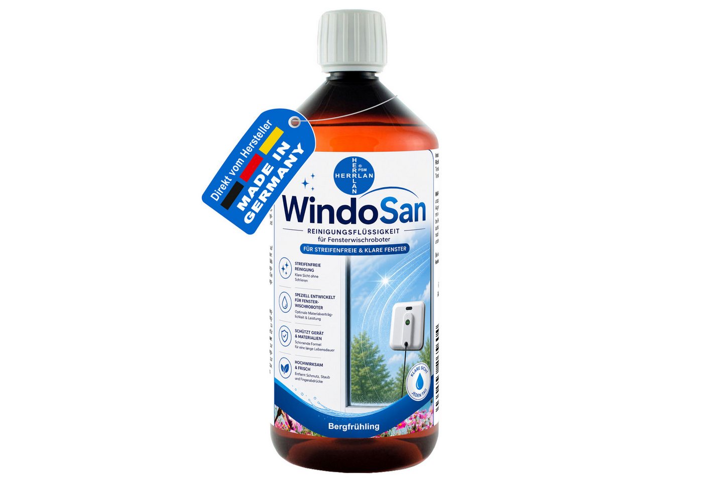 HERRLAN Fensterreiniger WindoSan Reinigungsmittel für Fensterroboter, (1000 ml Bergfrühling) für alle gängigen Fensterputzroboter, Fensterwischroboter.