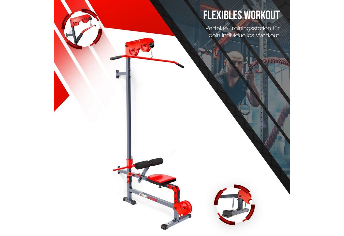 K-SPORT Kraftstation Oberer & unterer Kabelzug mit Latzug-Stange bis 200 kg belastbar, Made in EU! Bild 2