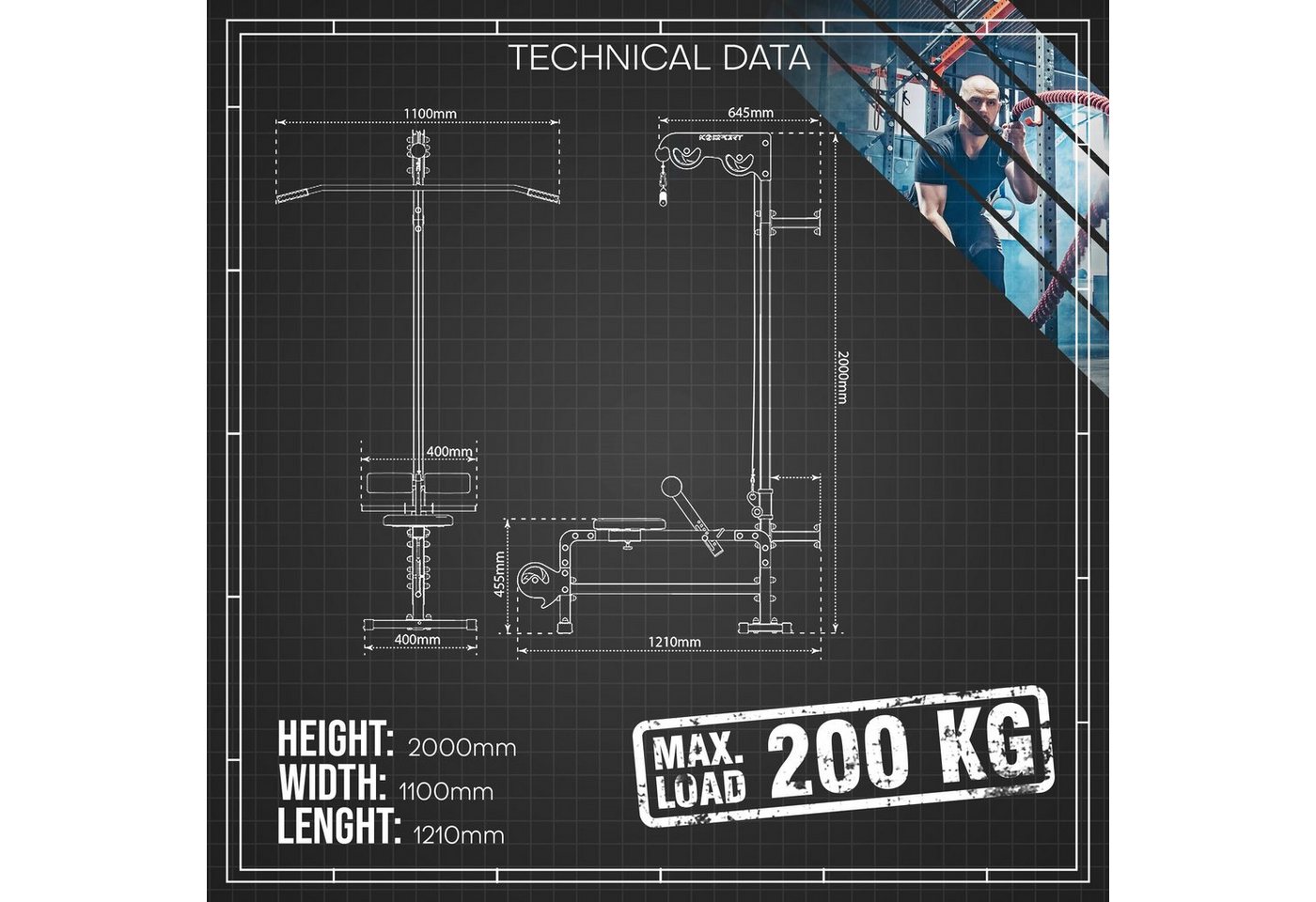K-SPORT Kraftstation Oberer & unterer Kabelzug mit Latzug-Stange bis 200 kg belastbar, Made in EU! Bild 3