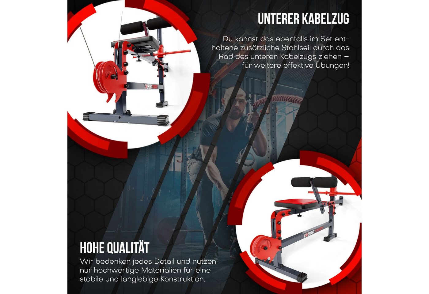 K-SPORT Kraftstation Oberer & unterer Kabelzug mit Latzug-Stange bis 200 kg belastbar, Made in EU! Bild 5