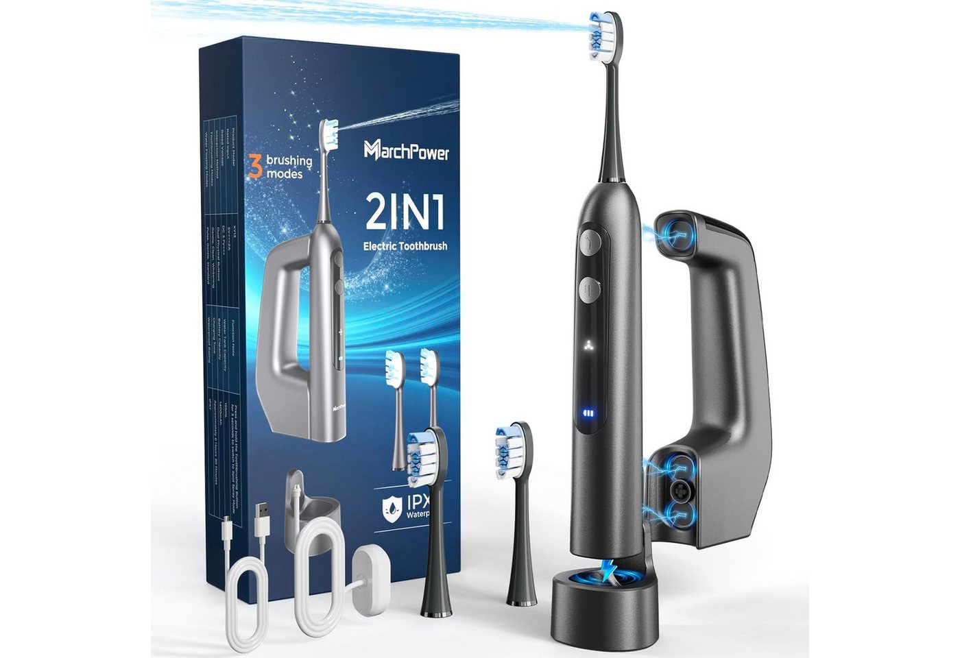 Elegear Elektrische Zahnbürste 3-in-1 Sonic Electric Zahnbürste mit Wasserflosser 46° Sweep-Vibration, 3 Putzmodi + 4 Bewässerungsmodi, 2 Aufsteckbürsten, IPX7, tragbar