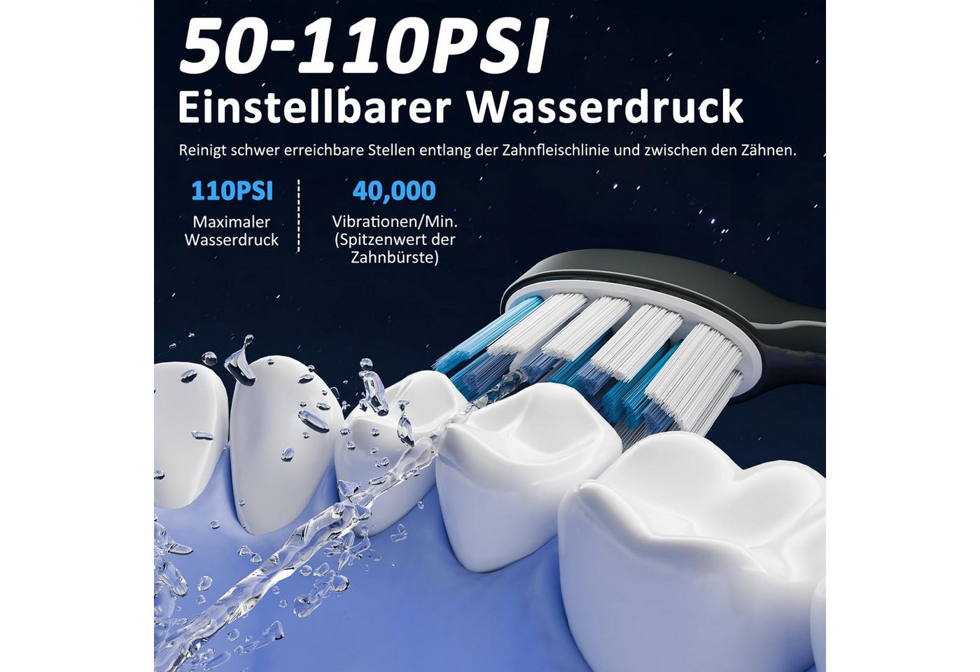Elegear Elektrische Zahnbürste 3-in-1 Sonic Electric Zahnbürste mit Wasserflosser 46° Sweep-Vibration, 3 Putzmodi + 4 Bewässerungsmodi, 2 Aufsteckbürsten, IPX7, tragbar Bild 4