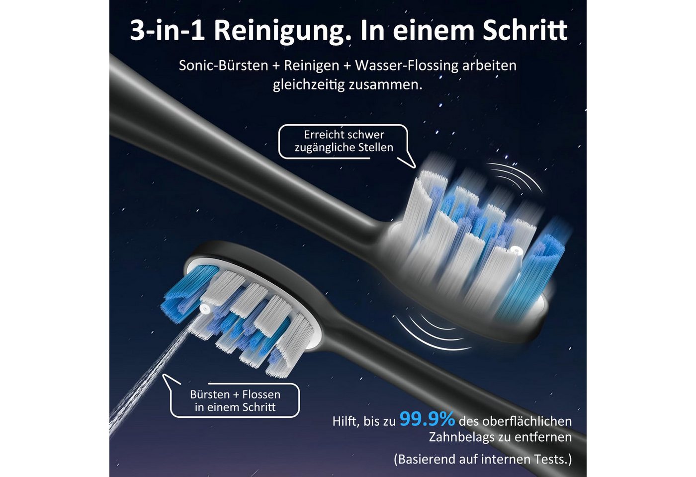 Elegear Elektrische Zahnbürste 3-in-1 Sonic Electric Zahnbürste mit Wasserflosser 46° Sweep-Vibration, 3 Putzmodi + 4 Bewässerungsmodi, 2 Aufsteckbürsten, IPX7, tragbar Bild 5