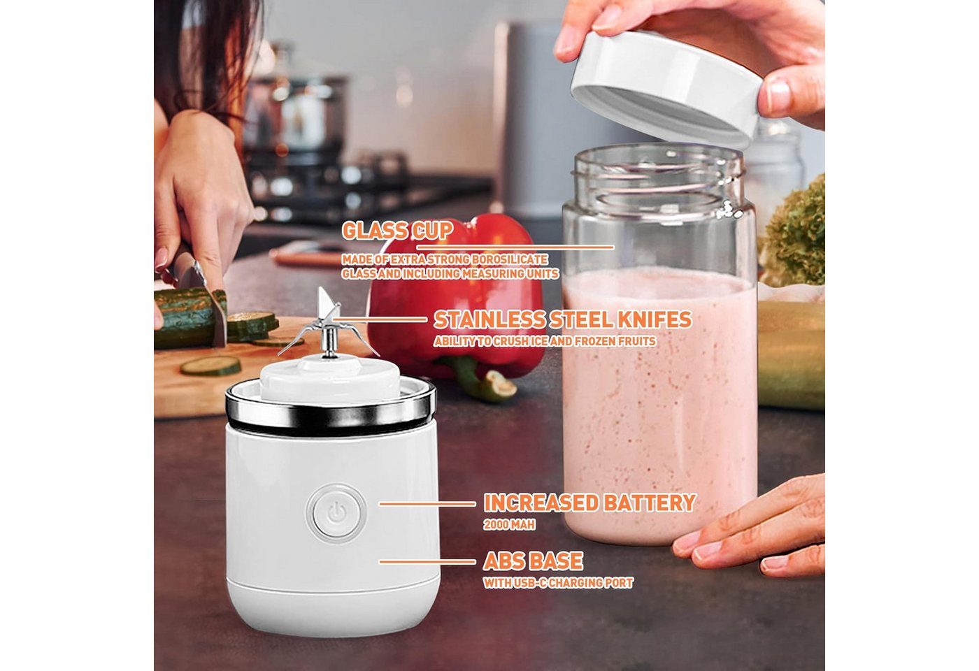 FELIXLEO Smoothie-Maker Tragbarer Mixer, USB Mini Smoothie Blender 350ml Wiederaufladbar Weiß Bild 2