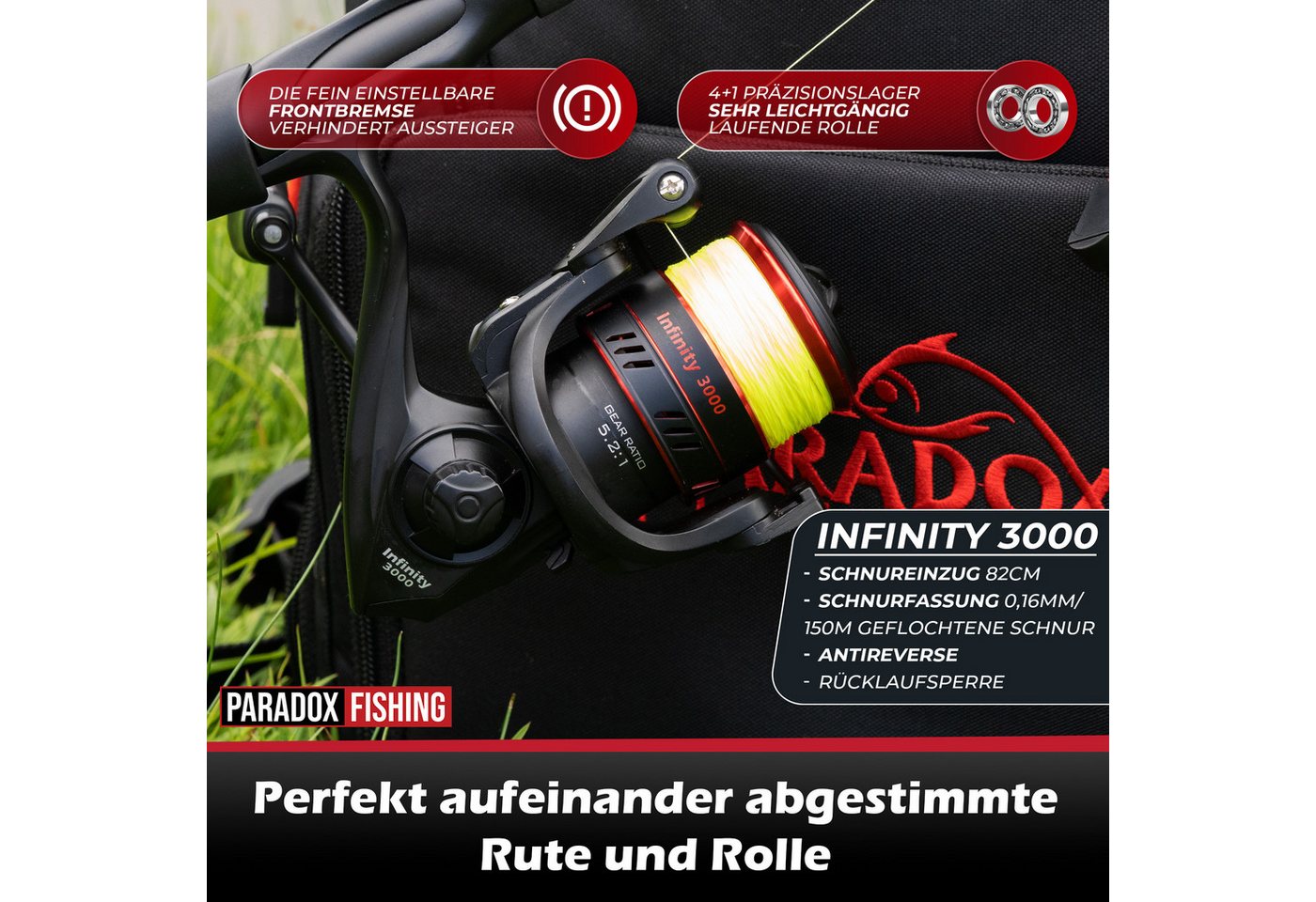Paradox Fishing Spinnrute Zander Komplett Set Firetiger Spinnrute 15-35g + 3000 Infinity Rolle, (Rute + 3000 Rolle + Köderset), Komplett-Starterset