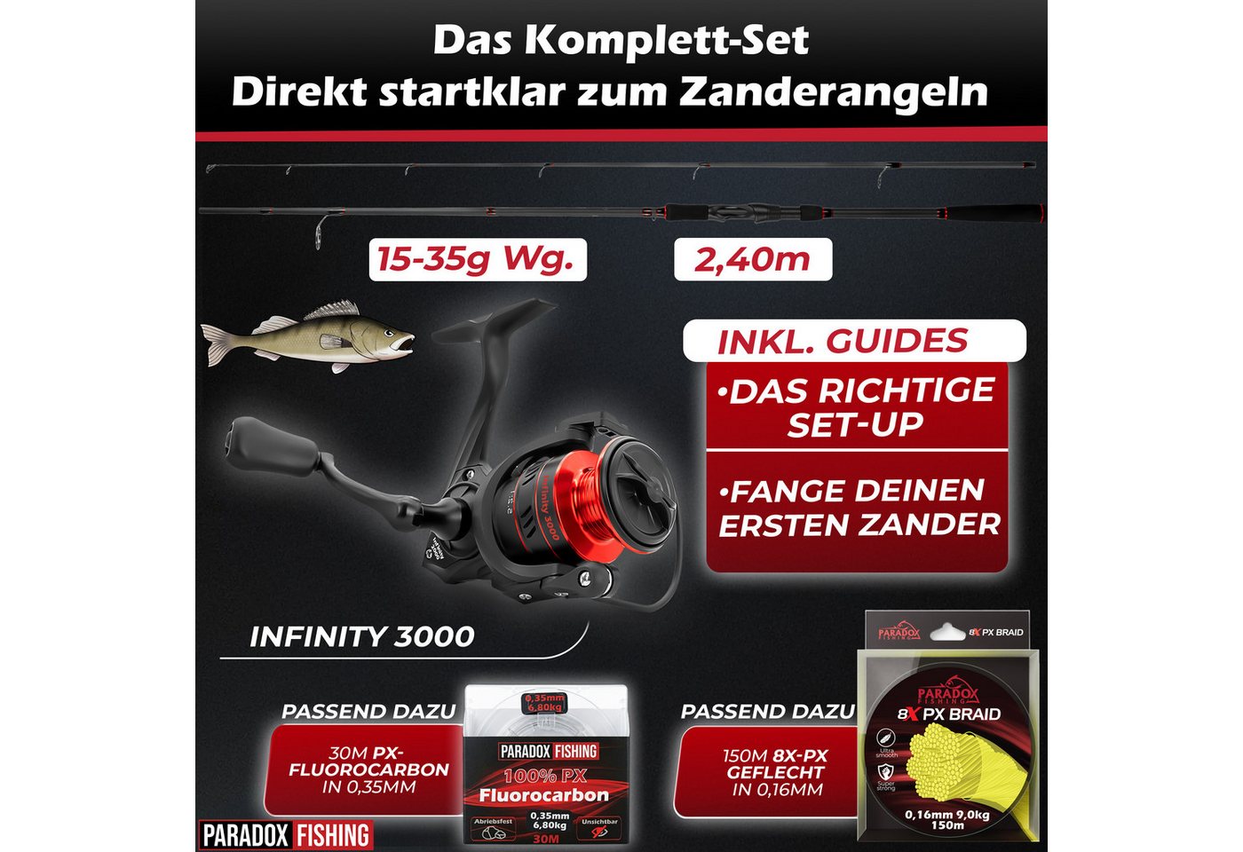 Paradox Fishing Spinnrute Zander Komplett Set Firetiger Spinnrute 15-35g + 3000 Infinity Rolle, (Rute + 3000 Rolle + Köderset), Komplett-Starterset Bild 2