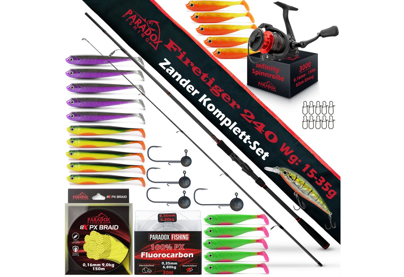 Paradox Fishing Spinnrute Zander Komplett Set Firetiger Spinnrute 15-35g + 3000 Infinity Rolle, (Rute + 3000 Rolle + Köderset), Komplett-Starterset Bild 4