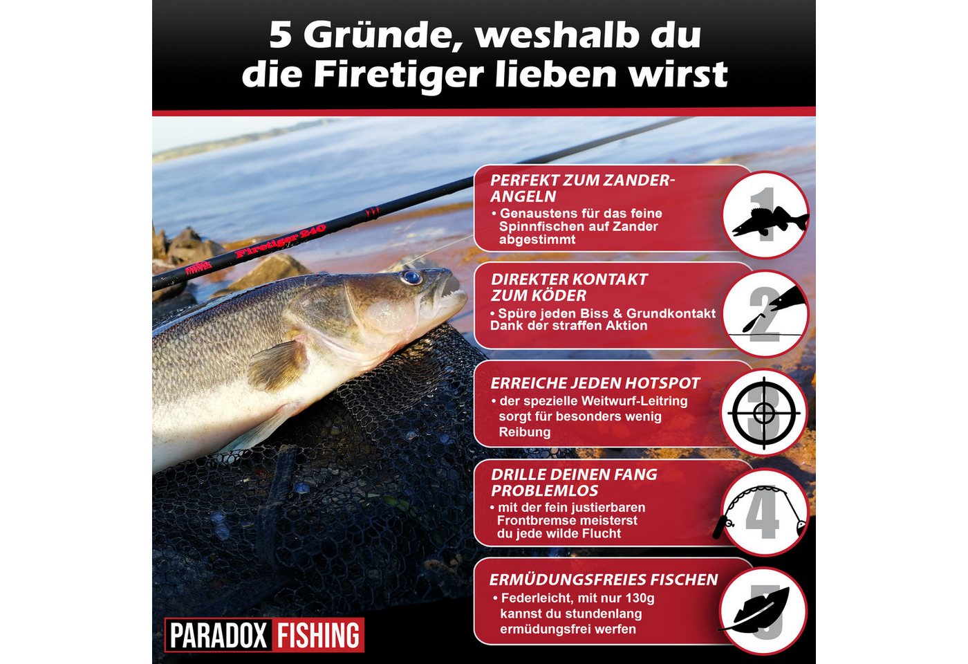 Paradox Fishing Spinnrute Zander Komplett Set Firetiger Spinnrute 15-35g + 3000 Infinity Rolle, (Rute + 3000 Rolle + Köderset), Komplett-Starterset Bild 5
