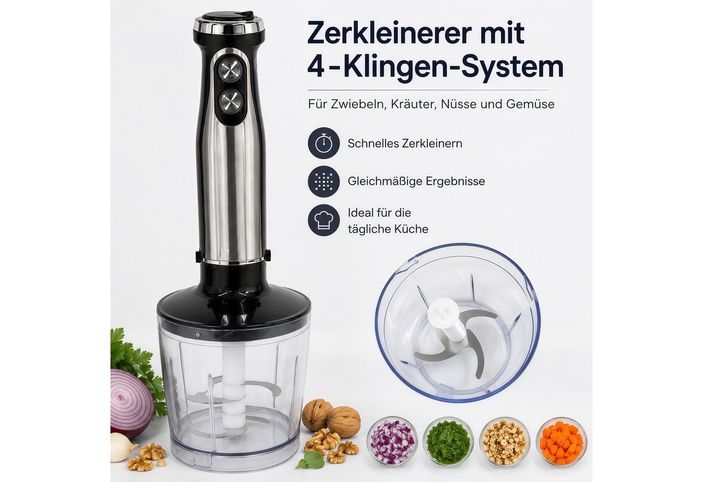 Forrlite Stabmixer 5-in-1 mixer-Set,Edelstahl-Pürierstab mit stufenloser Geschwindigkeit, 1500 W, Zerkleinerer, Schneebesen, Milchaufschäumer und Messbecher Bild 2