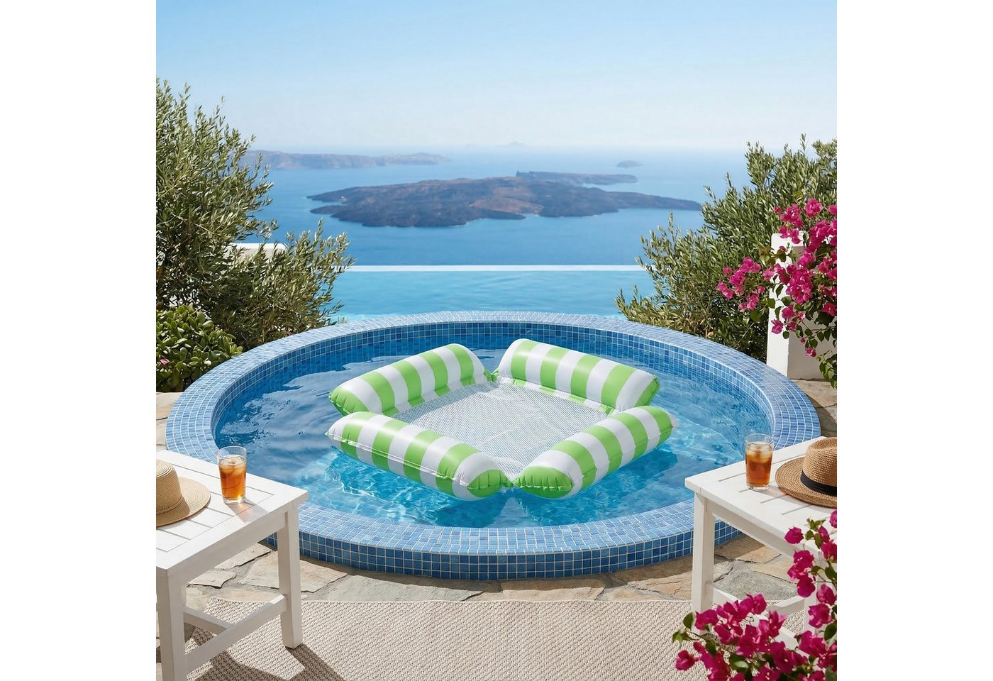 Lantelme Luftmatratze 4-in-1 Pool Loungesessel mit Kopfteil & Netz, grün-weiß