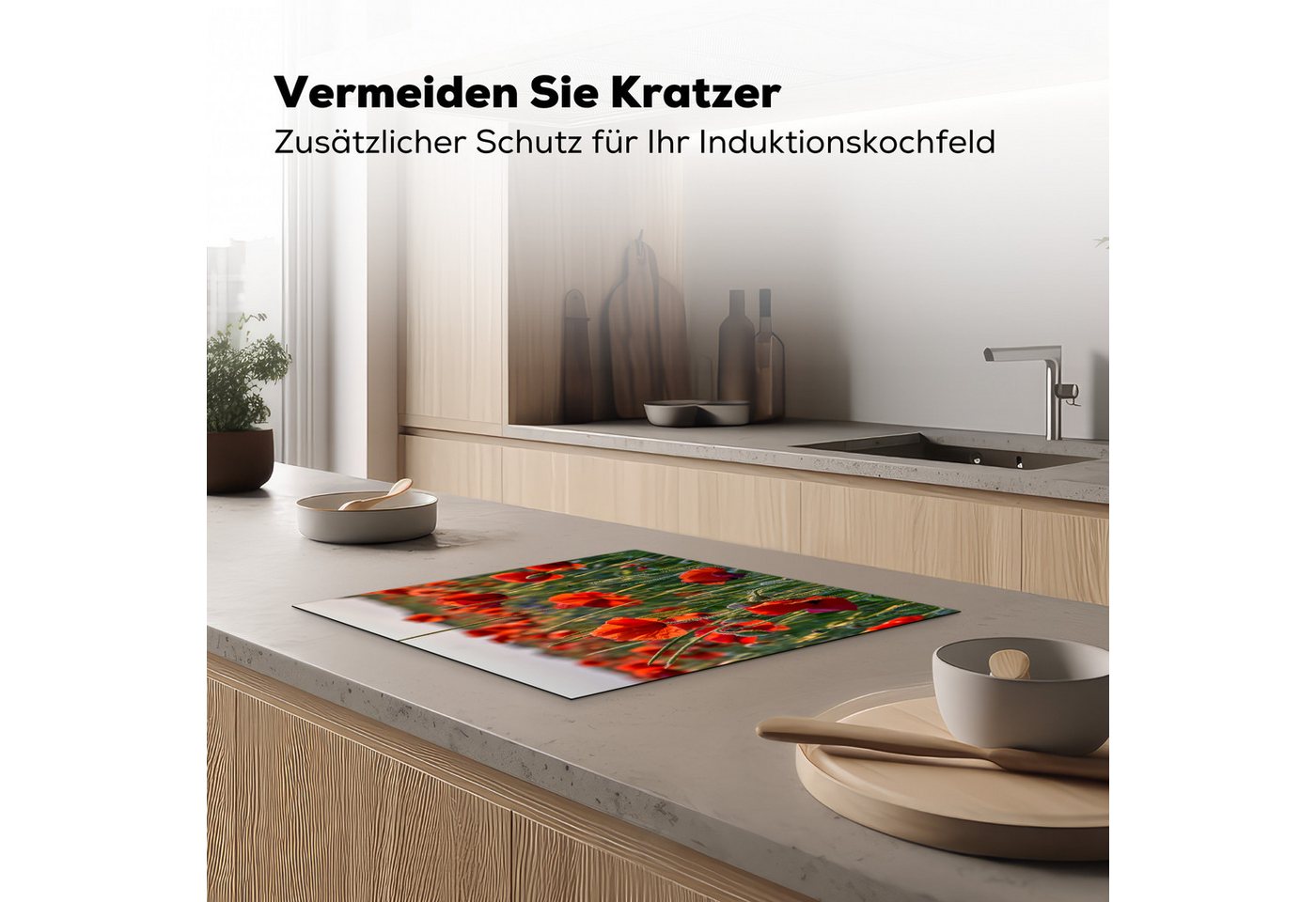MuchoWow Herd-Abdeckplatte Mohnblumen - Rot - Grün - Blumen, Vinyl, (1 tlg), Abdeckplatte für Ceranfeld, Herd Inductionsmatte, 60x50 cm
