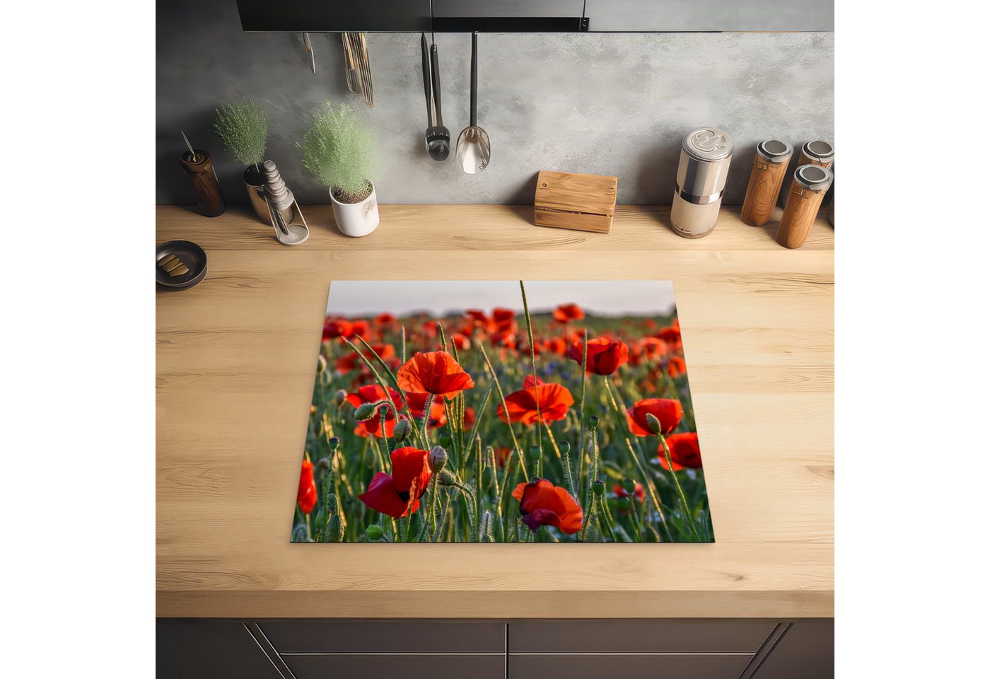 MuchoWow Herd-Abdeckplatte Mohnblumen - Rot - Grün - Blumen, Vinyl, (1 tlg), Abdeckplatte für Ceranfeld, Herd Inductionsmatte, 60x50 cm Bild 2