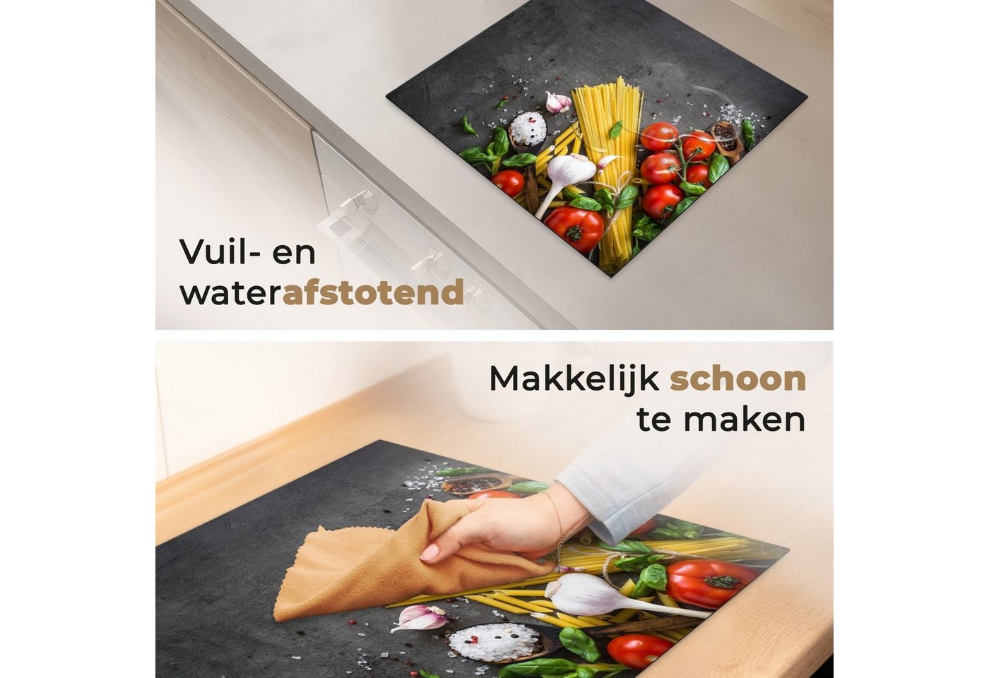 MuchoWow Herd-Abdeckplatte Nudeln - Kräuter - Tomate - Gewürze - Rustikal, Vinyl, (1 tlg), Küche Herdabdeckplatte Ceranfeld Vinyl Einteilig, 59x52 cm