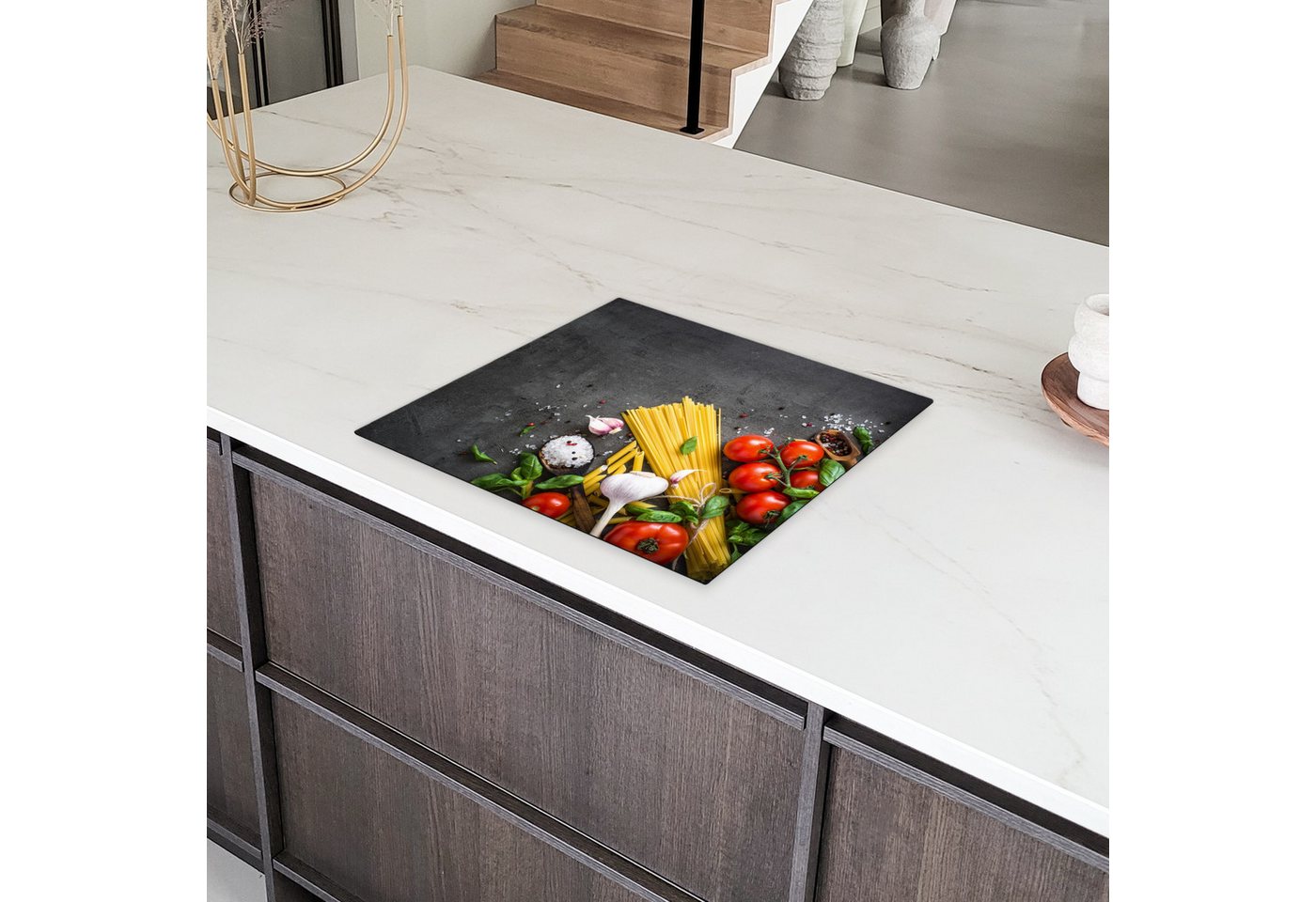 MuchoWow Herd-Abdeckplatte Nudeln - Kräuter - Tomate - Gewürze - Rustikal, Vinyl, (1 tlg), Küche Herdabdeckplatte Ceranfeld Vinyl Einteilig, 59x52 cm Bild 2