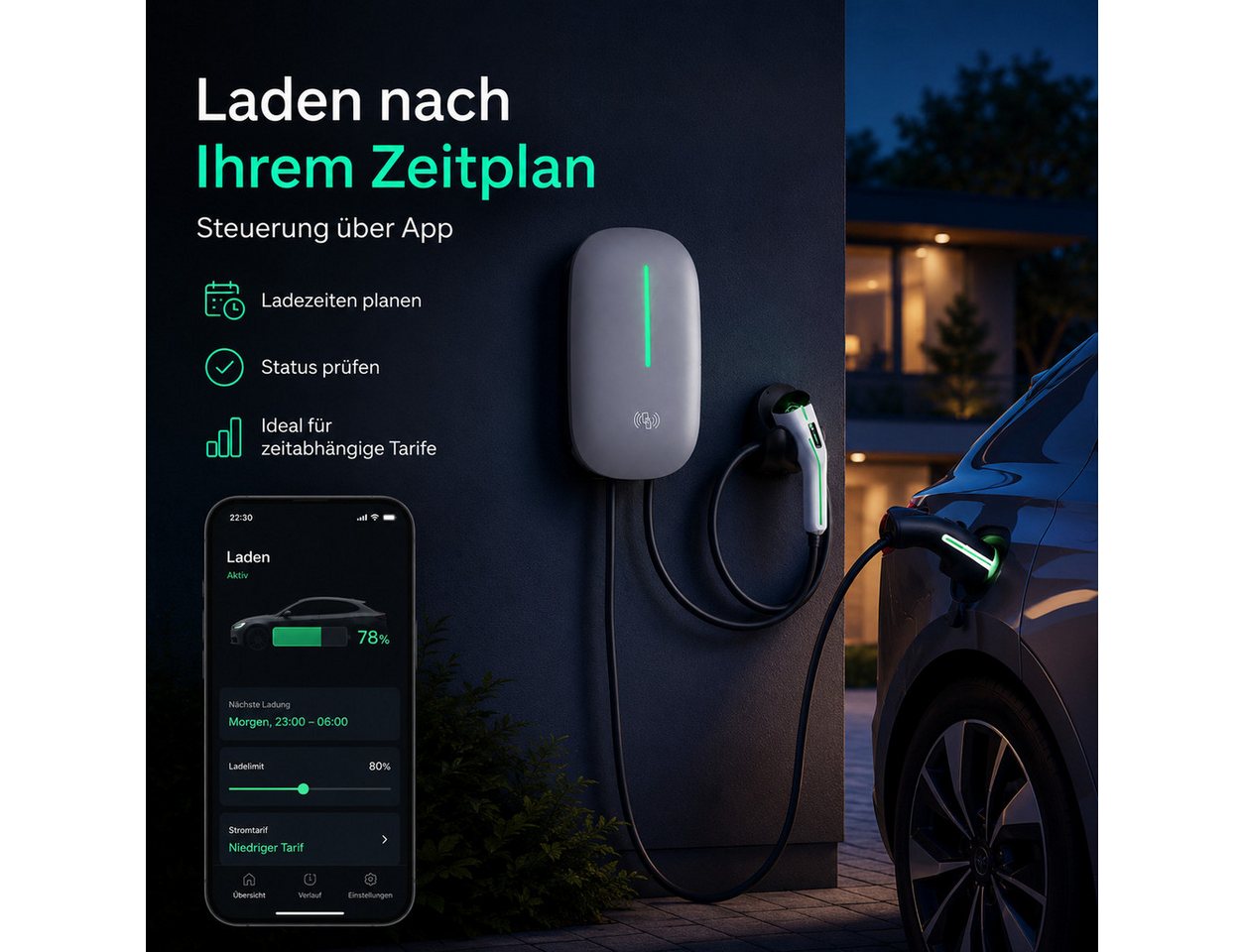 Tekoo Elektroauto-Ladestation Ladestation Wallbox E-Auto 7,4kW Typ 2 WLAN & App-Steuerung, Wallbox 7,4kW / 32A, 1-phasig, Einzelgerät, 9-facher Sicherheitsschutz,intelligenter Temperaturkontrollchip