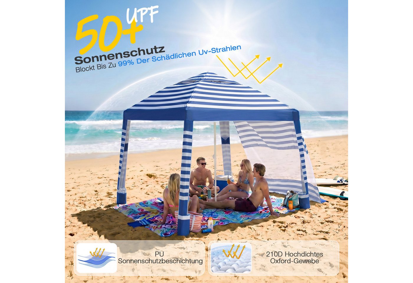 Sekey Strandmuschel 240 × 240 cm Pavillon Strandzelt Sonnensegel mit Seitenvorhang, Höhenverstellbar, mit Klappbarer Getränkehalter, UV Schutz 50+ Bild 3