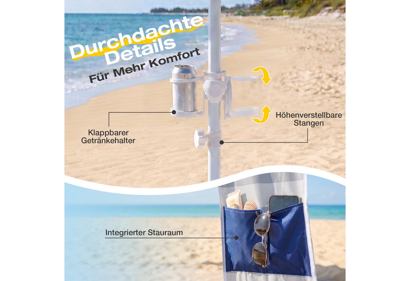 Sekey Strandmuschel 240 × 240 cm Pavillon Strandzelt Sonnensegel mit Seitenvorhang, Höhenverstellbar, mit Klappbarer Getränkehalter, UV Schutz 50+ Bild 4