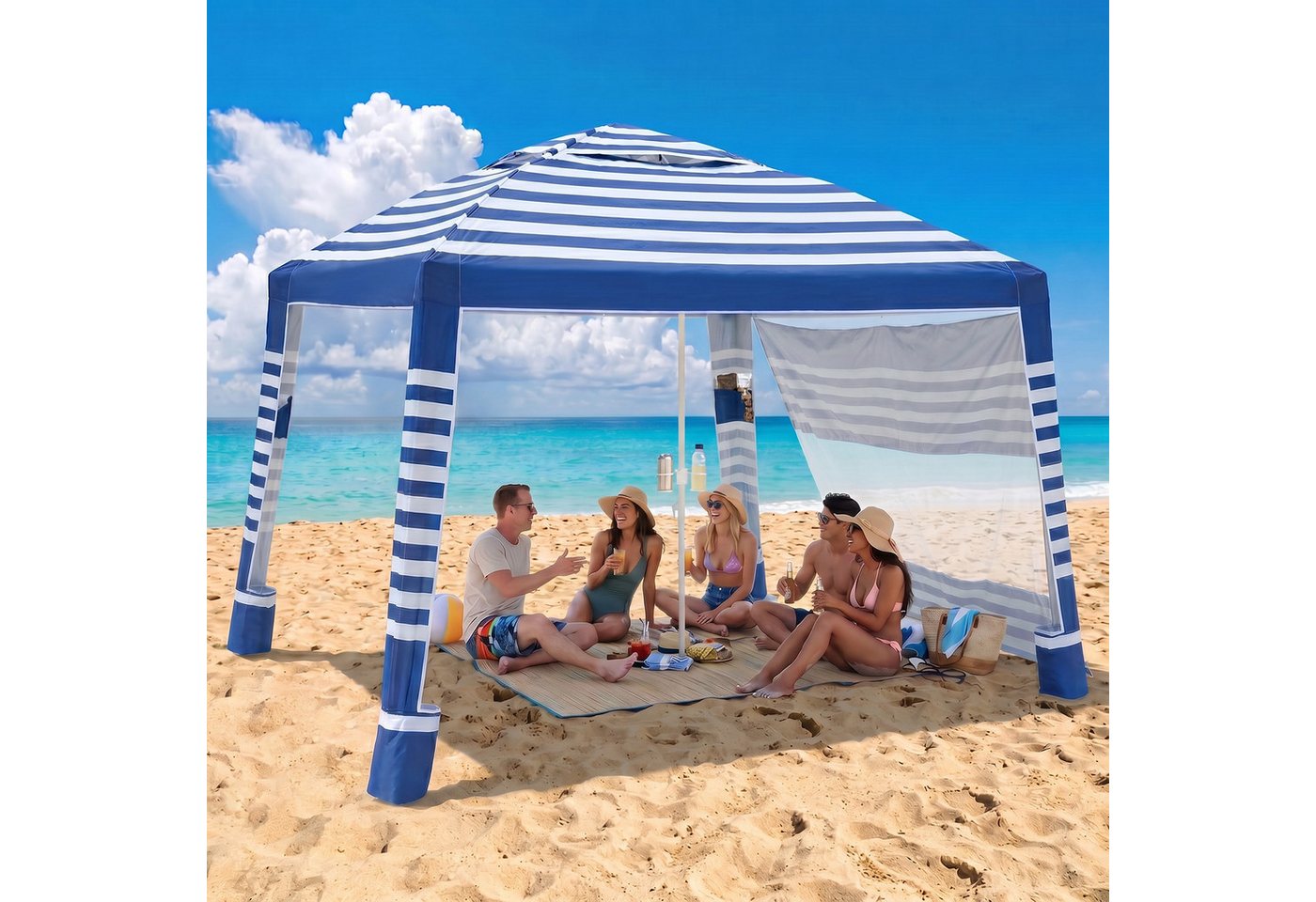 Sekey Strandmuschel 240 × 240 cm Pavillon Strandzelt Sonnensegel mit Seitenvorhang, Höhenverstellbar, mit Klappbarer Getränkehalter, UV Schutz 50+ Bild 5