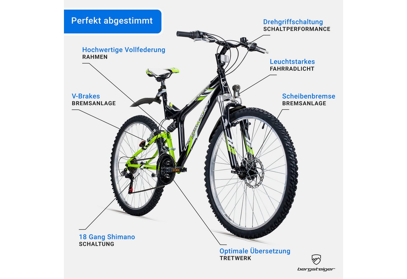 bergsteiger Mountainbike Buffalo 26 Zoll Mountainbike, geeignet ab 155 cm, Damen, Herren, 18 Gang Shimano Tourney RD-TZ50 Schaltwerk, Kettenschaltung, Scheibenbremsen, V-Brake