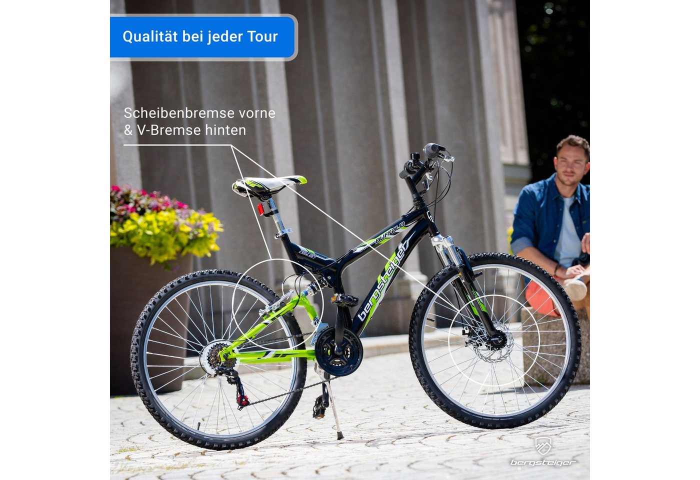 bergsteiger Mountainbike Buffalo 26 Zoll Mountainbike, geeignet ab 155 cm, Damen, Herren, 18 Gang Shimano Tourney RD-TZ50 Schaltwerk, Kettenschaltung, Scheibenbremsen, V-Brake Bild 4