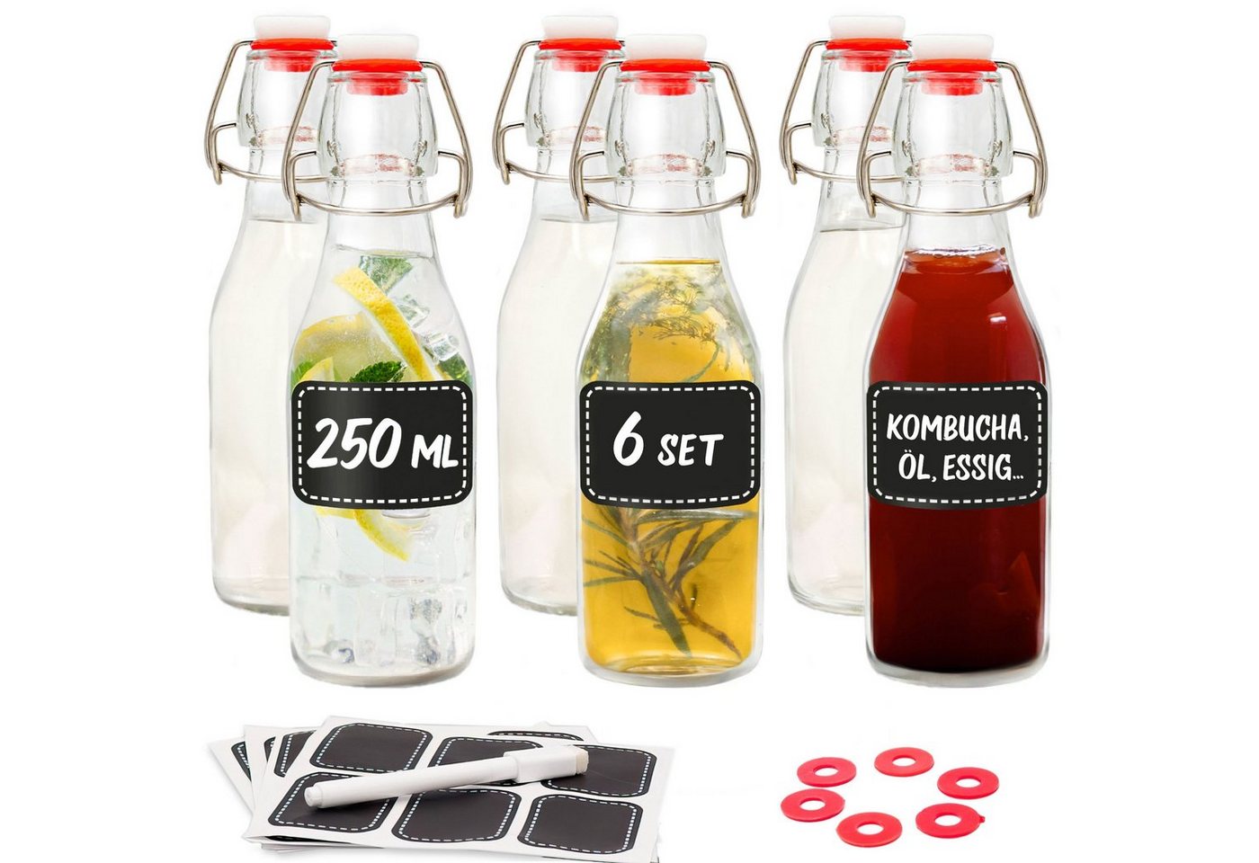 Praknu Trinkflasche 6er Set Glasflaschen 250ml mit Bügelverschluss - Bügelflaschen Zum, Öl Flasche, Flaschen Aufbewahrung, Likörflaschen, Bügelflasche Set Bild 2