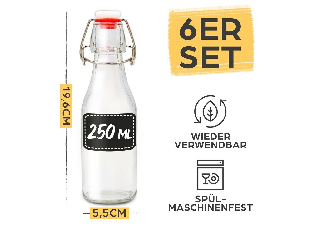 Praknu Trinkflasche 6er Set Glasflaschen 250ml mit Bügelverschluss - Bügelflaschen Zum, Öl Flasche, Flaschen Aufbewahrung, Likörflaschen, Bügelflasche Set Bild 3