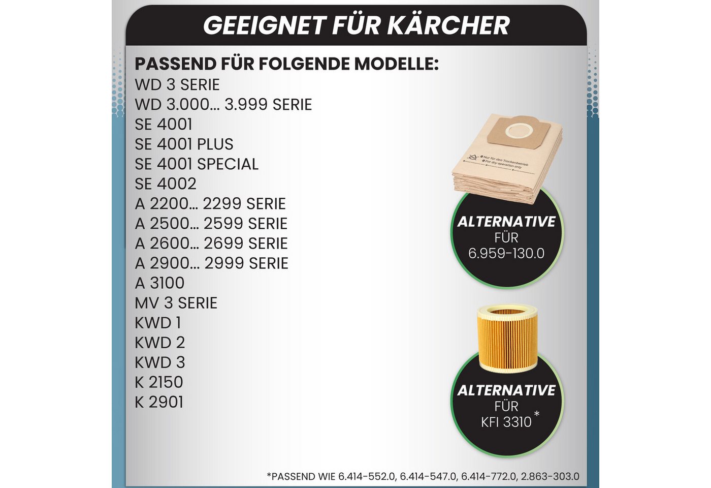 McFilter Staubsaugerbeutel (10 Stück) + 1 Filter, passend für Kärcher Nass- Trockensauger A 2604, A 2675, A 2201, A 2204, A 2534, A 2236, A 2654, A 2254, 11 St., Alternative für 6.959-130.0 (Beutel), 6.414-552.0 (Patronenfilter)