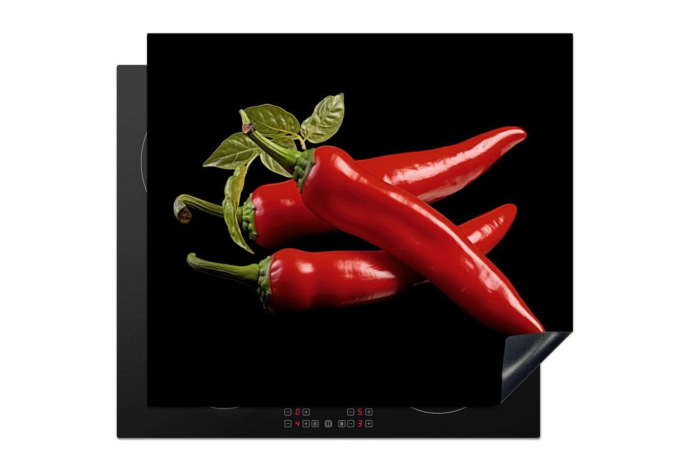 MuchoWow Herd-Abdeckplatte Roter Paprika - Rot - Kräuter - Gewürze - Schwarz, Vinyl, (1 tlg), Küche Herdabdeckplatte Ceranfeld Vinyl Einteilig, 59x52 cm