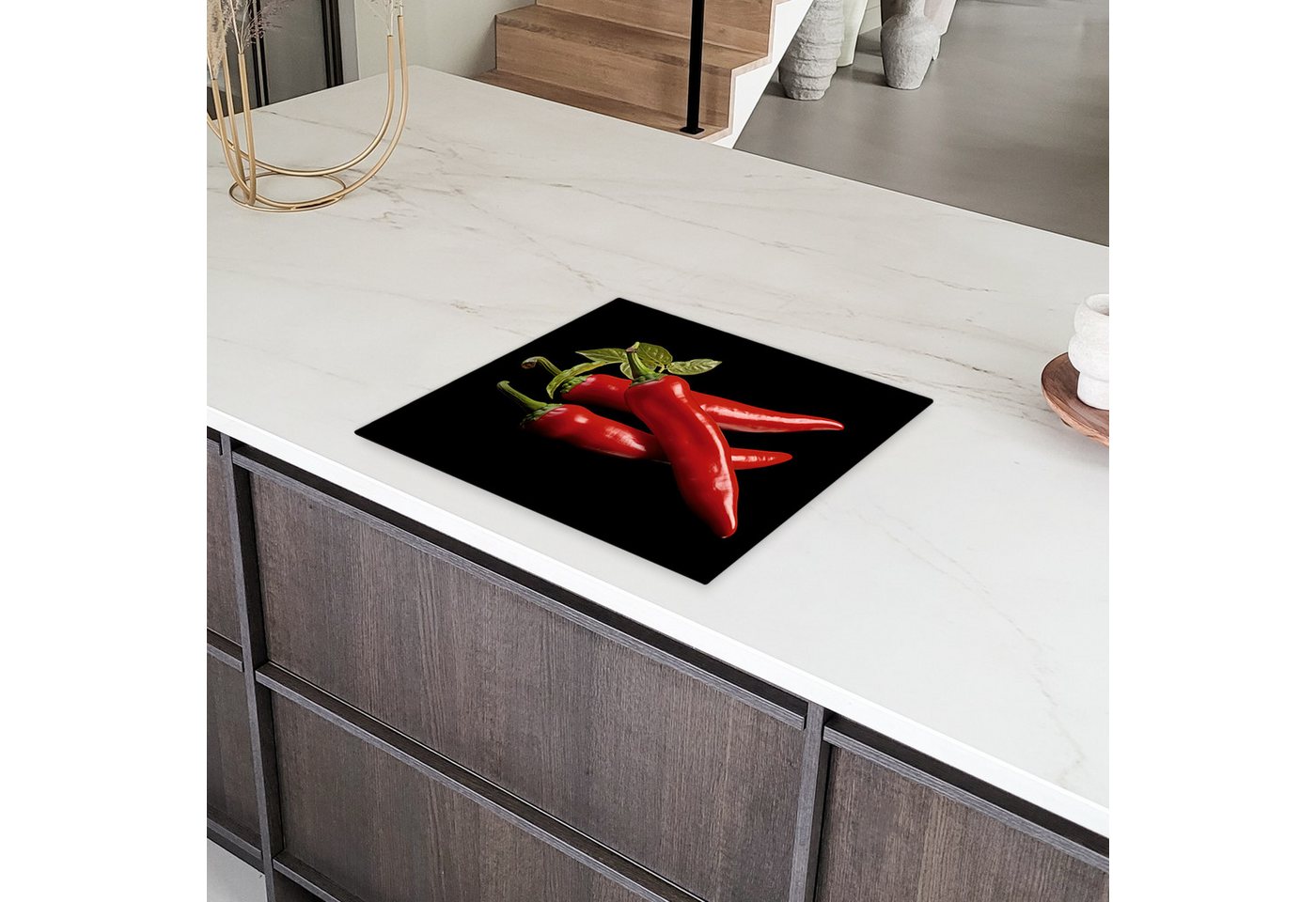 MuchoWow Herd-Abdeckplatte Roter Paprika - Rot - Kräuter - Gewürze - Schwarz, Vinyl, (1 tlg), Küche Herdabdeckplatte Ceranfeld Vinyl Einteilig, 59x52 cm Bild 2