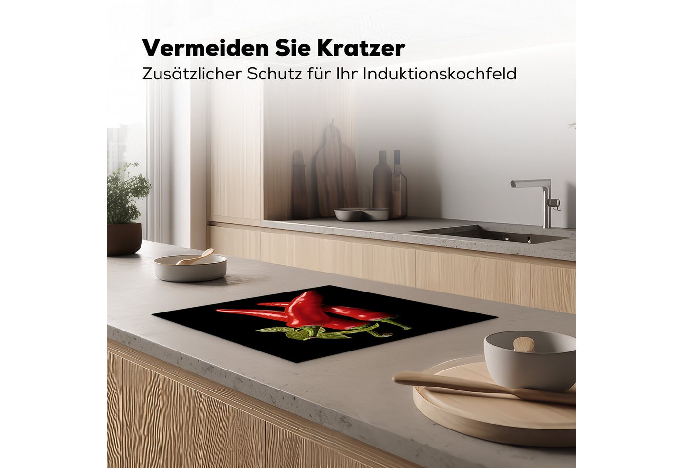 MuchoWow Herd-Abdeckplatte Roter Paprika - Rot - Kräuter - Gewürze - Schwarz, Vinyl, (1 tlg), Küche Herdabdeckplatte Ceranfeld Vinyl Einteilig, 59x52 cm Bild 5