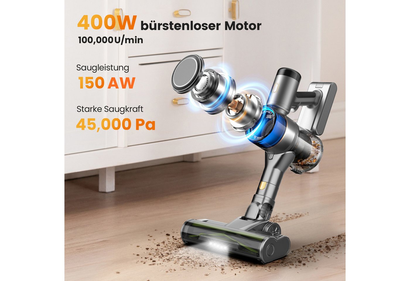 INSE Bodenstaubsauger S9X 400W&45kPa, Dreifarbiger Ring, LED-Display, abnehmbare Akku, 400 W, beutellos, 4 Saugmodi,55Min. Laufzeit, Anti-Tangle-Bürste,rotierender Bürstenkopf Bild 4