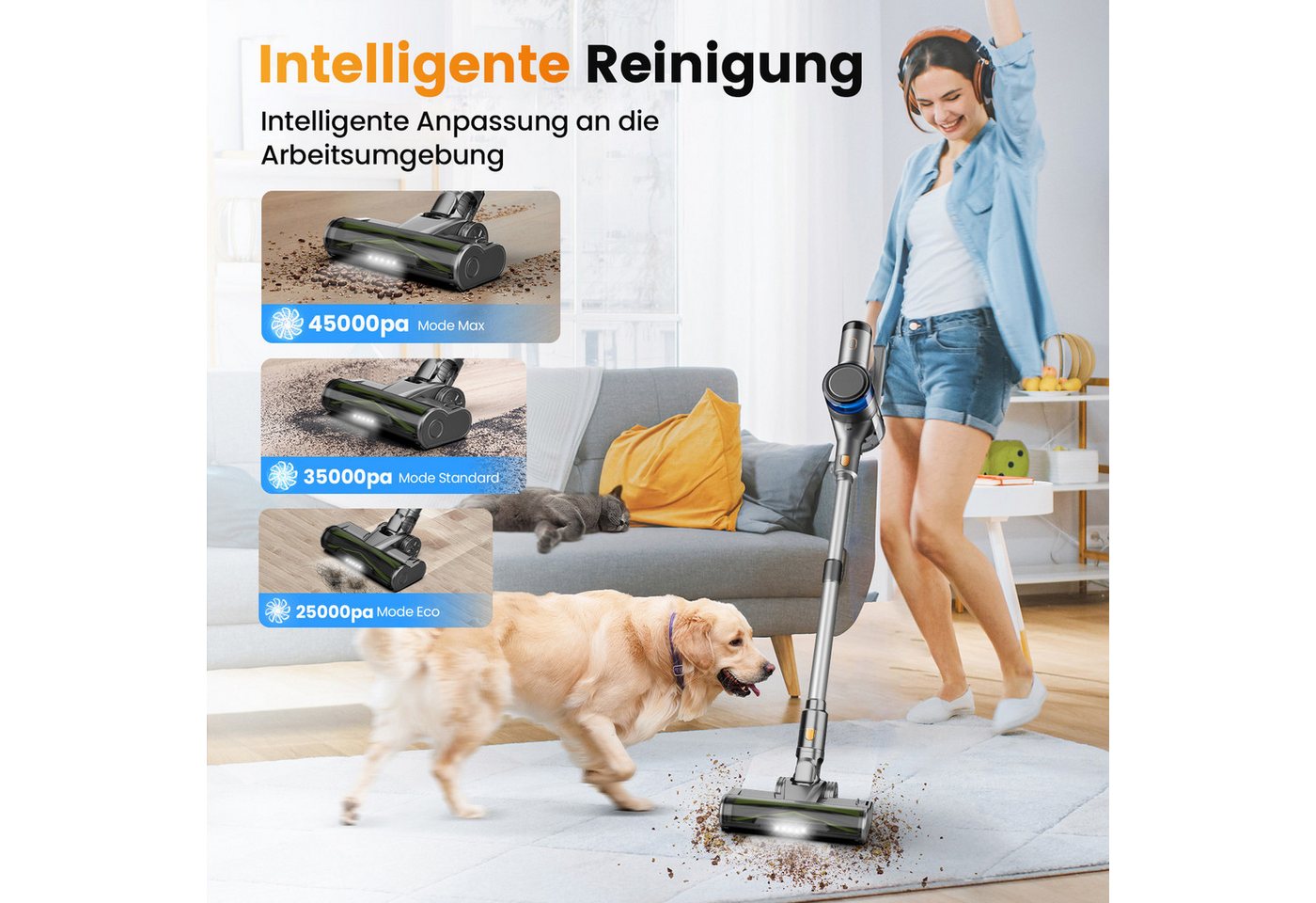 INSE Bodenstaubsauger S9X 400W&45kPa, Dreifarbiger Ring, LED-Display, abnehmbare Akku, 400 W, beutellos, 4 Saugmodi,55Min. Laufzeit, Anti-Tangle-Bürste,rotierender Bürstenkopf Bild 5